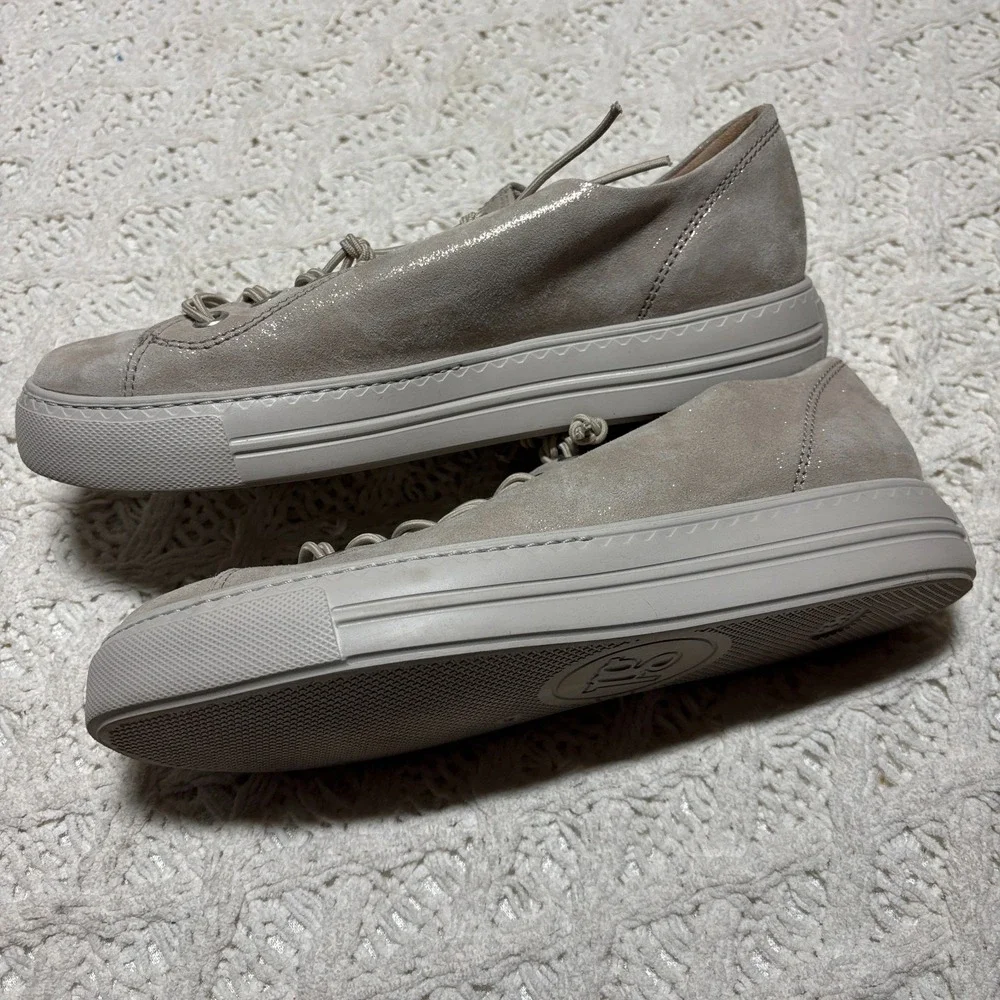 Paul Green $498 Genuine‎ Leather Taupe Shimmer Platform Lace Up Sneakers US 8.5 - Picture 3 of 16